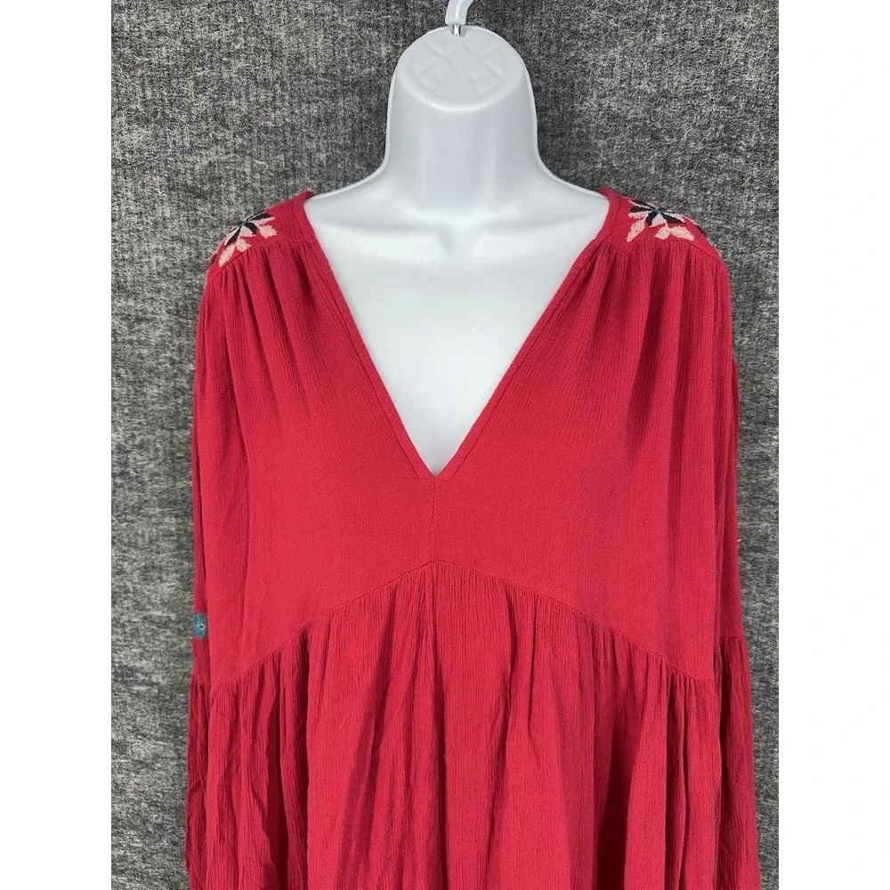 Free People Dress Womens L Red Floral Embroidered V Neck Bell Sleeve Swing Boho